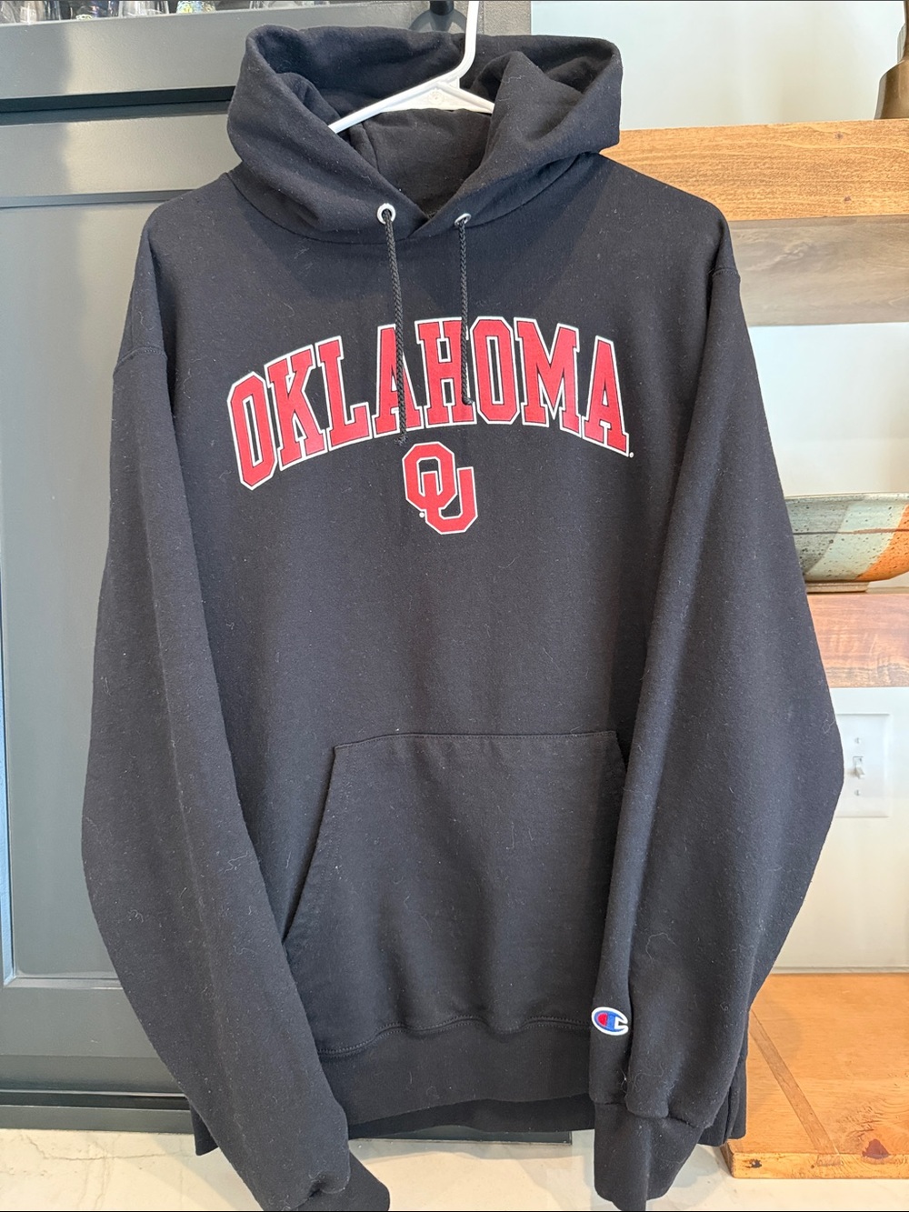 Champion Black Crewneck with Red Oklahoma Arch and OU Logo